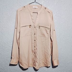 Calvin Klein Womens S Blush Pink Button-Up Blouse Gold Accent Buttons & Zippers